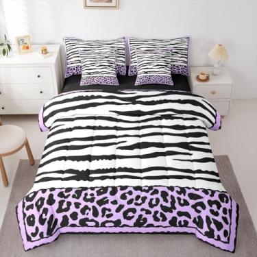 Imagem de Feelyou Conjunto de edredom Queen com listras de zebra, 7 peças, estampa de leopardo, cama de pele de zebra de guepardo em uma bolsa com edredom, lençóis, fronhas, capas de almofada, pele com estampa