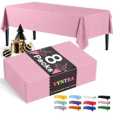 Imagem de Vyntra Toalhas de mesa descartáveis de plástico rosa, retângulo de 137 x 262 cm, pacote com 8 – capas de mesa de festa para aniversário, casamento, formatura e chá de bebê – impermeável, à prova de