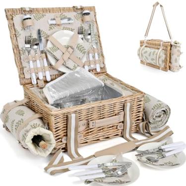 Imagem de Conjunto de cesta de piquenique de 31 peças para 4 com forro isolado e cobertor impermeável para vinho, cesto de vime grande para acampamento, ao ar livre, aniversário dos namorados, Natal para casais