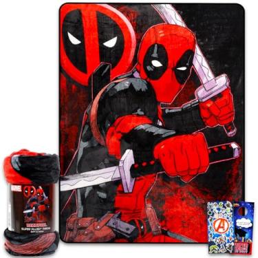 Imagem de Marvel Conjunto de cobertor Deadpool - Pacote com cobertor de super-herói de 117 cm x 152 cm, adesivos, mais | Decoração de quarto de cama Deadpool para meninos, crianças