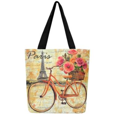 Imagem de ArtfulHome Bolsa feminina retrô de lona para bicicleta | Torre Eiffel Bolsa de ginástica de grande capacidade romântica França Paris Vintage Dirt Bike Flores reutilizáveis Sacos de algodão de pano