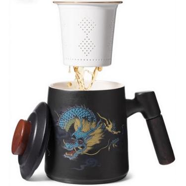 Imagem de Xícara de chá de porcelana com infusor e tampa, caneca de chá de cerâmica para folhas soltas, coador de chá com cabo de madeira, xícara de chá de dragão chinês, infusor de cerâmica, sem BPA, presente