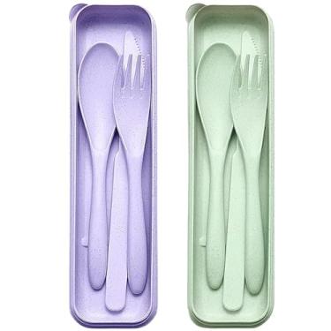 Imagem de Conjunto de utensílios de viagem reutilizáveis com estojo, 2 conjuntos de colheres de garfo de faca portáteis de palha de trigo, talheres de acampamento para lancheira, utensílios de mesa de plástico