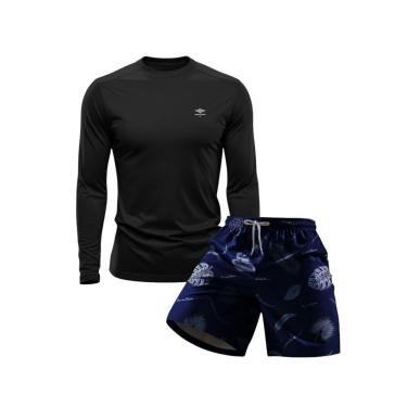Imagem de Conjunto Masculino Short Estampado Praia Verão e Camiseta Dry Manga Longa Proteção UV-Masculino