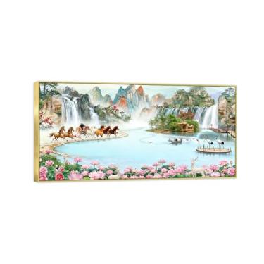 Imagem de Chinoiserie Arte de parede paisagem imagem em tela - montanha lago cavalo lótus-pintura chinesa impressão moldura dourada para decoração de casa 20x40cm8x16in