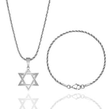 Imagem de Corrente Masculina Baiano 60cm Colar 3mm + Pingente Estrela De Davi + Pulseira