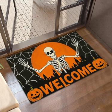 Imagem de Tapete de boas-vindas de esqueleto gótico, tapete de teia de aranha de abóbora de Halloween para entrada, tapetes antiderrapantes de perfil baixo, tapetes de varanda para porta da frente, escada