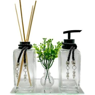 Imagem de Kit Frascos de Vidro Para Lavabo Luxo Cristal 250ml com Difusor, Saboneteira, Bandeja Espelhada, Vaso com Folhagem e Varetas(PRETO)