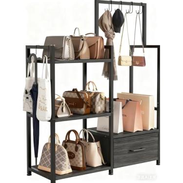 Imagem de CCYRYY Suporte de bolsa de metal de madeira e ferro com 3 camadas, 6 ganchos, organizador de chão com gaveta, suporte de bolsa de chão de grande capacidade para armário (preto)