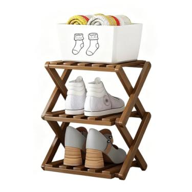 Imagem de SPXMQSS Sapateira dobrável de bambu, sapateira portátil de madeira, armário de sapatos de pé livre, prateleira de armazenamento multifuncional para entrada no quarto, sem instalação, marrom escuro, 3