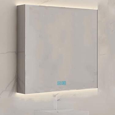 Imagem de SPXMQSS Armários de banheiro com luzes, armário de espelho de banheiro com desembaçamento inteligente com prateleira de vidro removível, armários de banheiro com espelho com função de memória de