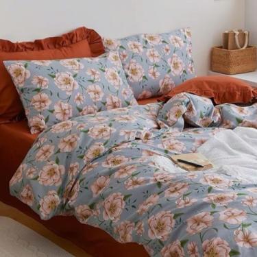 Imagem de OIKETI Conjunto de edredom botânico tamanho king – tecido 100% algodão, estampa floral romântica do campo francês em fundo azul-verde macio, roupa de cama leve e macia, 3 peças (1 edredom, 2 fronhas)