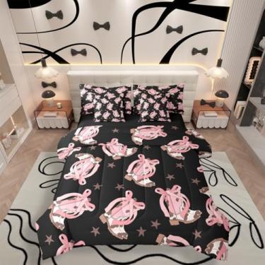 Imagem de Jogo de lençol casal com estampa de vaca com estampa de vaca, 7 peças, para crianças, adolescentes, meninas e adolescentes, preto e rosa, lençol com elástico, fronhas e fronhas