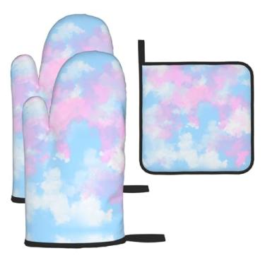 Imagem de Conjunto de cozinha essencial de 3 peças com estampa azul, luvas resistentes ao calor e alça de tampa, proteção para churrasco no forno, design de armazenamento suspenso.