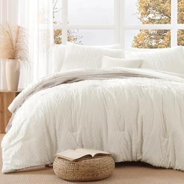 Imagem de AMBERSPACE Conjunto de edredom queen tufado, branco, boêmio, 7 peças, conjunto de cama de fazenda para todas as estações, cama chique gasto em uma bolsa com lençóis, fronhas e fronhas