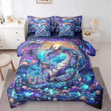 Imagem de Erosebridal Conjunto de edredom completo com dragão sonhador roxo e exótico dragão ocidental para crianças, meninos e meninas, animal selvagem mágico em uma bolsa, azul, roxo, galáxia, céu estrelado