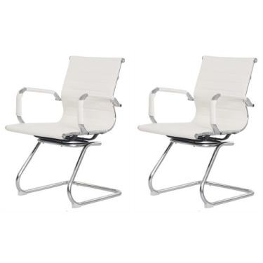 Imagem de Kit 2 Cadeiras Escritório Stripes Fixa PU Branca - Waw Design