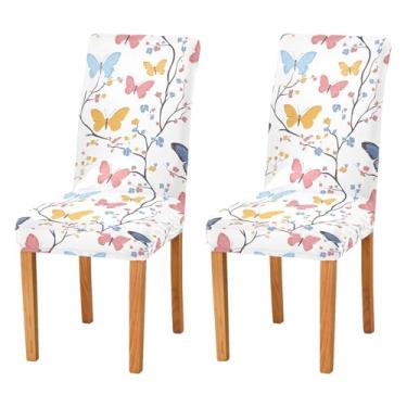 Imagem de Wassud Capas de cadeira para jantar borboletas coloridas elásticas capas de cadeira de cozinha laváveis conjunto de 2 protetores de assento