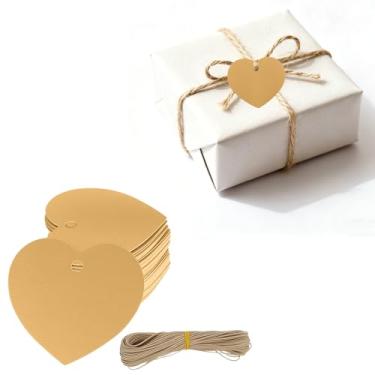 Imagem de 101 etiquetas de presente de coração kraft, papel em forma de dia dos namorados para artesanato DIY, etiquetas de embrulho de presente com cordão