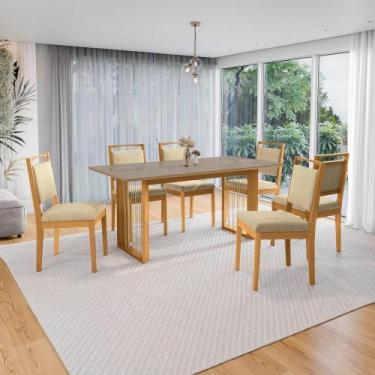 Imagem de Conjunto Sala De Jantar Lina Em Madeira Maciça 6 Cadeiras Boucle Bege 