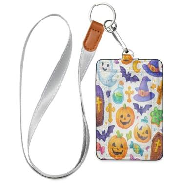 Imagem de Wassud Porta-crachá de couro PU Halloween Punpkins com cordão, porta-cartão de identificação para trabalho, cordão de pescoço com compartimentos para cartões de crédito, funcionários, estudantes, 39,9