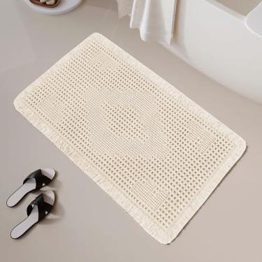 Imagem de LUFEIJIASHI Tapetes de banho antiderrapantes para banheiro, macios e absorventes, tapetes de banheiro boho com borlas, tapete de banho de waffle lavável na máquina, branco marfim, 4,5 x 60 cm