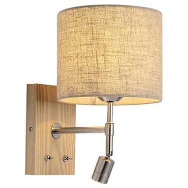 Imagem de Luminária de parede em tecido com luz de leitura - Arandelas de parede em madeira, luminárias de parede em linho para sala de estar, escritório, quarto ou mesa de cabeceira (cor madeira)