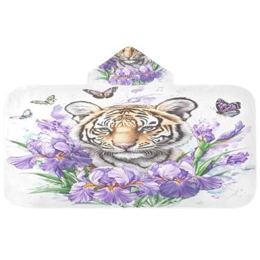 Imagem de Burbuja Toalha de banho com capuz de tigre roxo íris para crianças, toalha de praia de pelúcia macia absorvente para meninas e meninos 3-10 anos, 61 x 127 cm