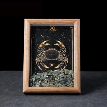 Imagem de Moldura de cristal natural com 12 signos do zodíaco, 12 signos do zodíaco, céu noturno ou decoração de parede, meditação Yoga Reiki presente de aniversário - Câncer - Labradorita