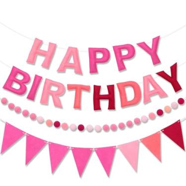 Imagem de LITAUS Conjunto de faixa pré-amarrada de feliz aniversário e guirlanda de feltro - Decorações de aniversário rosa ombré para mulheres e meninas | Artigos de festa reutilizáveis para ambientes internos
