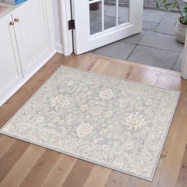 Imagem de WondRg Tapete lavável azul creme, 5 x 7 cm, para entrada, floral, neutro, macio, antiderrapante, pequeno, tapete de porta desgastado para entrada, banheiro, quarto, interior