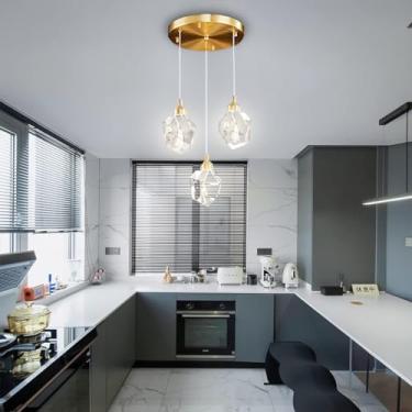 Imagem de Lustre moderno de cristal com pendente, redondo, dourado, 3 lâmpadas, cabo ajustável, design em forma de gota, dimerizável, ideal para sala de jantar, ilha de cozinha, escada, hall de entrad