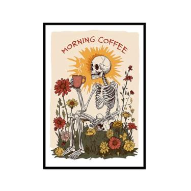 Imagem de Pôster vintage esqueleto manhã café engraçado caveira café arte de parede esqueleto gótico beber café arte para decoração de bar cozinha (SKU2,40.6x60 cm), moldura preta