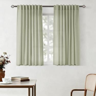 Imagem de Cortinas de linho verde sálvia 114 cm de comprimento 2 painéis para quarto com filtro de luz nas costas cortinas semitransparentes linho algodão texturizado verde claro arejado moderno casa de fazenda
