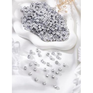 Imagem de Cerca de 480 peças de cubo com contas acrílicas de letra A ~ Z, contas soltas do alfabeto quadrado de prata 60 g, berloque de fabricação de joias a granel para colar, pulseira, brinco e artesanato DIY