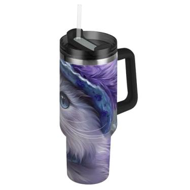 Imagem de Joisal Copos de aço inoxidável com tampas e canudos elegante gato persa chapéu azul carros xícara de café bebida quente copo térmico 1,134 g copo com alça garrafa de água isolada