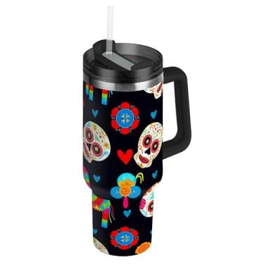 Imagem de Joisal Copos com tampas e canudo colorido crânios mortos copo preto com alça 1,134 g garrafas de água à prova de vazamento garrafa de água de aço inoxidável isolada cabe no copo do carro