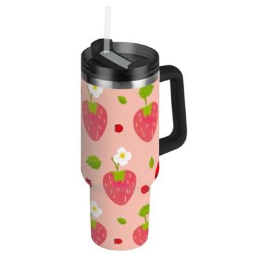 Imagem de Joisal Copos de aço inoxidável com tampa e canudos Rosa Joaninhas Morangos Carros Caneca de Café Bebida Quente Copo a Vácuo com Alça Garrafas de Água Isoladas 1,134 g