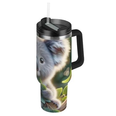 Imagem de Joisal Copos fofos de folhas verdes de coala, com tampas e canudos, garrafa de água de aço inoxidável, copo isolado com alça 1,134 g, reutilizável, carro, xícara de café, bebida quente