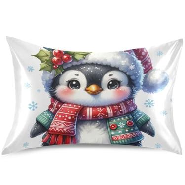 Imagem de Lindas capas de almofada de cetim de Natal pinguim para cabelo estampa floral capas de travesseiro padrão queen king decoração de cama, tamanho padrão, 66 cm x 50 cm