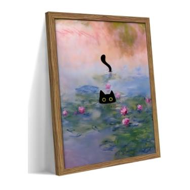 Imagem de Arte de parede em tela emoldurada vintage com estampa de Monet, pôster engraçado de gato preto em nenúfares, decoração de parede de escritório Monet, pintura a óleo floral para sala de estar banheiro