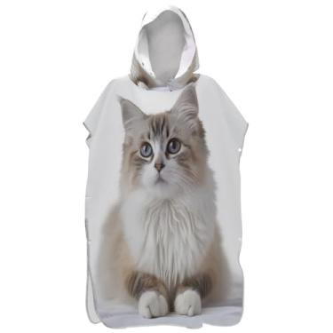 Imagem de Joisal Poncho de surfe trocador de roupão para adultos toalha de banho com capuz bonito ponchos de praia de secagem rápida para homens impressão animal de estimação gato branco