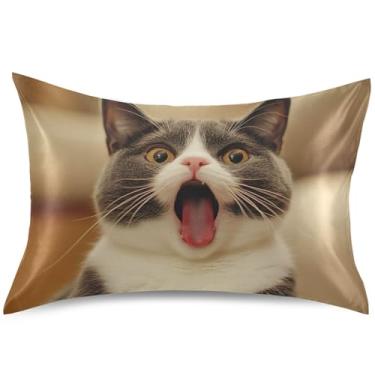 Imagem de Linda capa de travesseiro cinza gato bocejo cetim design capas de travesseiro padrão king queen capa de travesseiro tamanho padrão, 66 cm x 50 cm