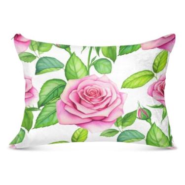 Imagem de Fronhas decorativas grandes de flanela com folhas de rosas rosas em aquarela tamanho queen king size fronhas fofas para cama de casa sofá, tamanho corporal, 53 cm x 137 cm