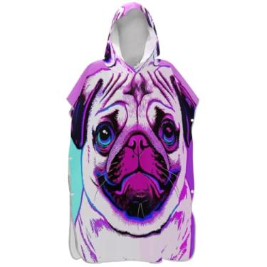 Imagem de Joisal Poncho de surfe absorvente para mudança de roupão de praia com capuz toalha de natação cachorro pug desenho animado feminino ponchos com capuz