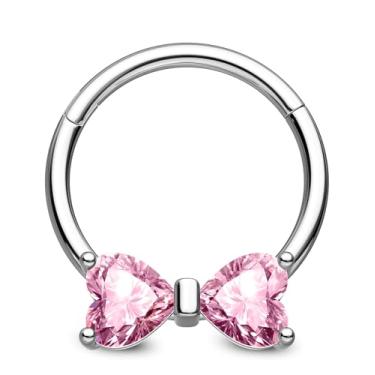 Imagem de OUFER Anéis de septo 16G 8/10 mm, rosa transparente CZ laço em forma de coração joia de septo 316L aço cirúrgico Daith Piercing Jewelry - Helix cartilagem Daith Rook Tragus brincos argolas, 16G 8MM