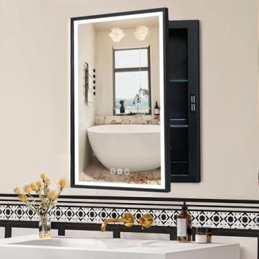 Imagem de KIMREAL Armário de remédios iluminado por LED com espelho, espelho de banheiro embutido ou montado na parede com armazenamento, antiembaçamento, escurecimento em 3 cores, prateleiras ajustáveis