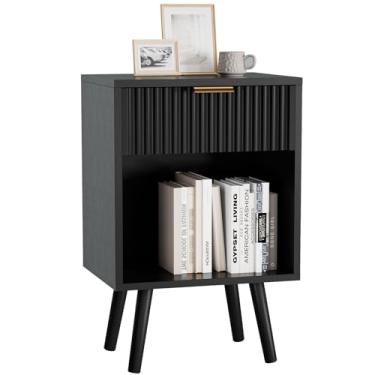 Imagem de YMYNY Conjunto de 2 mesas de cabeceira modernas de meados do século, mesa lateral com gaveta canelada, prateleira aberta, alça dourada, pernas de madeira maciça, mesa de cabeceira, para quarto, sala