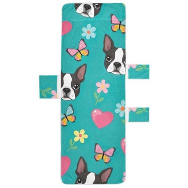 Imagem de Lindas capas de toalha de cadeira de espreguiçadeira de cachorro Boston azul-petróleo capas de cadeira de praia para piscina espreguiçadeira de praia costeira 203 x 76 cm