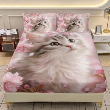 Imagem de AILONEN Jogo de lençol infantil Queen, com estampa kawaii, animal gatinho, flor rosa, macio, bolso profundo com 2 fronhas, 3 peças